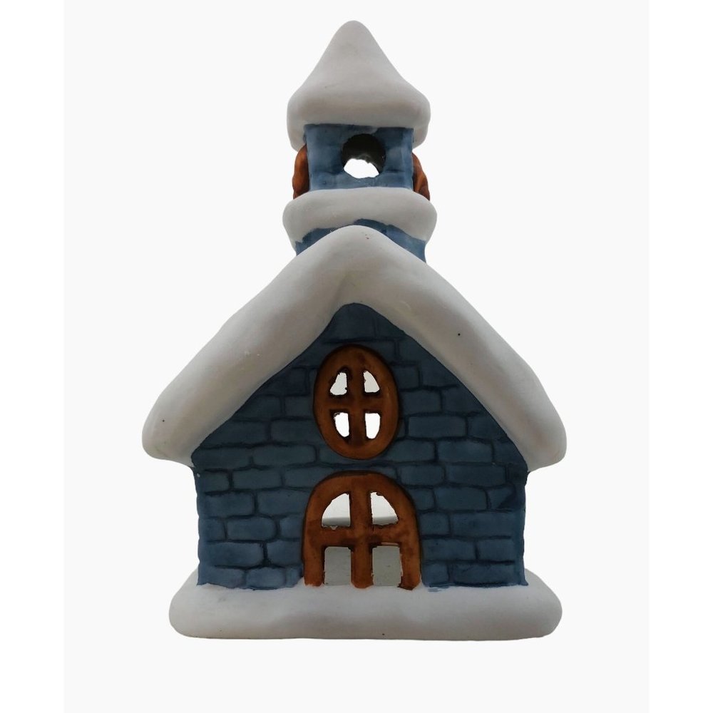 Colonial Candle Holder Winter Blue Ceramic Building Snow Tea Light Votive Holder - Picture 9 of 10